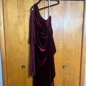 One shoulder, velvet dress with sheer shawl.